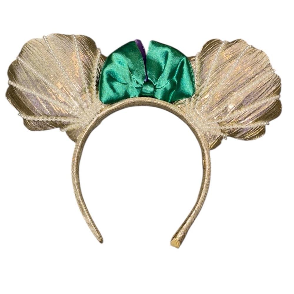 Reversible Gold Shell Headband with Green and purple bow Disney ears child size
